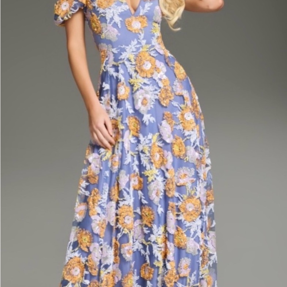 Jovani Puff-Sleeve Floral Sequin Gown - Picture 2 of 9